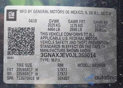 2018 Chevrolet Equinox Lt z USA, uszkodzony, nr VIN 3GNAXJEV0JL355014